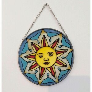 Vintage Stained Glass Sun Catcher, Sun Face Window Hanging, Boho Celestial Decor